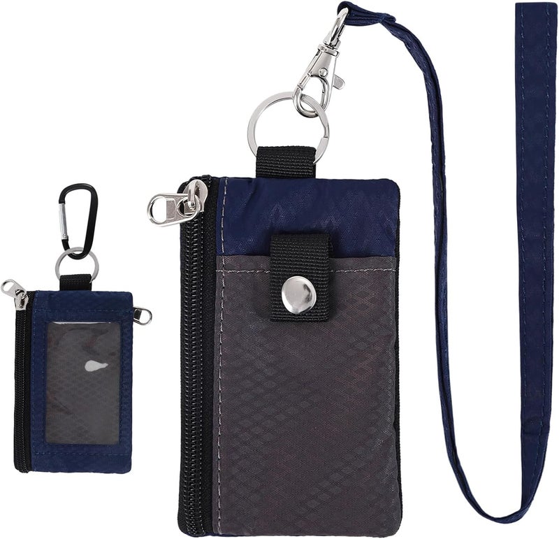 MASAPHIL MASAPHlL Small Lanyard Wallet for Women/Men with RFID Blocking ID Card Wallet, Minimalist Nylon Zipper Pouch, Travel Neck Wallet with Keychain, ID Window for Card,Coin,Cash (Dark Gray+Dark Blue) - Image 1